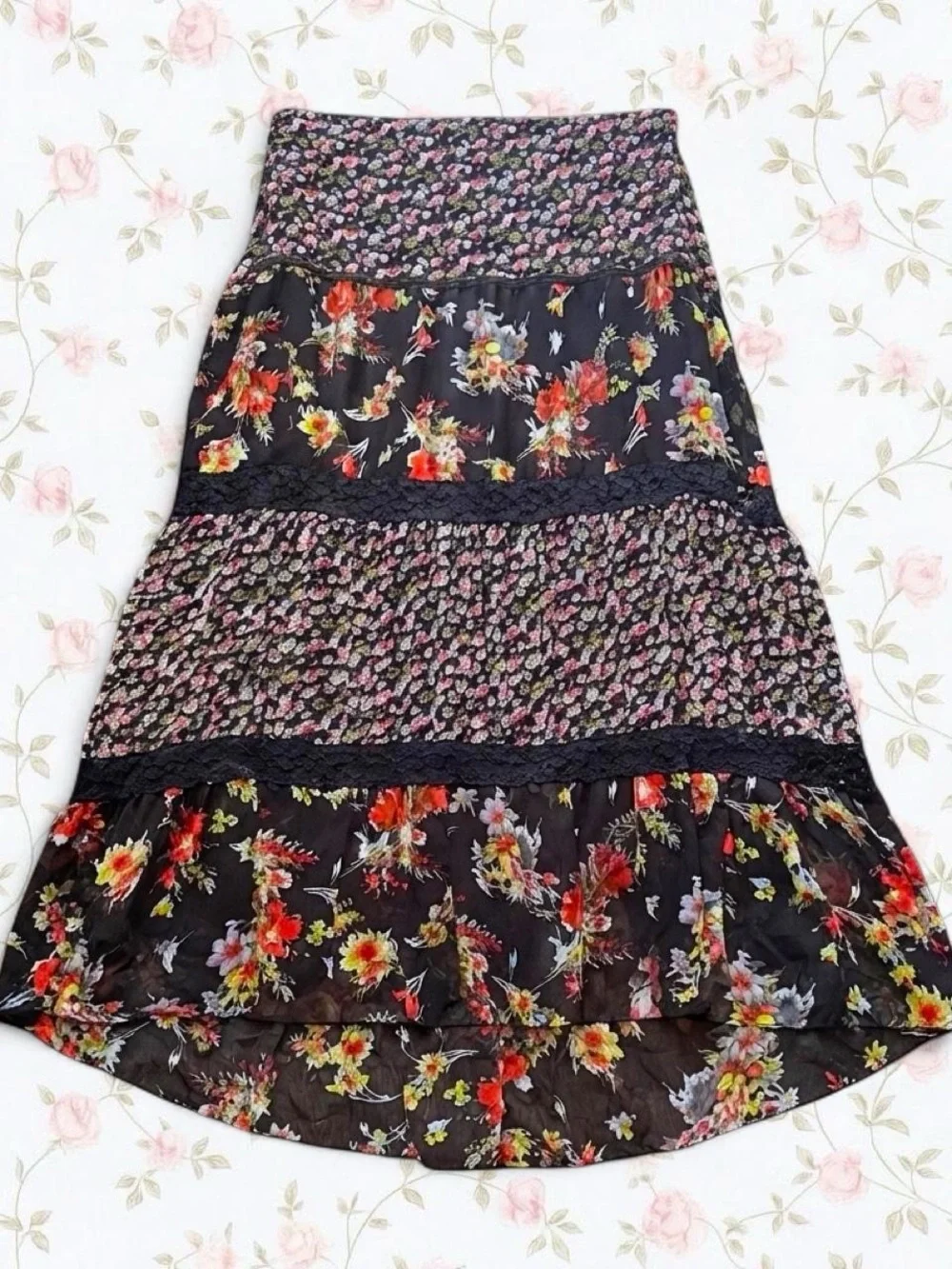 Notations Black Floral Tiered Maxi Skirt with Red and Yellow Blooms